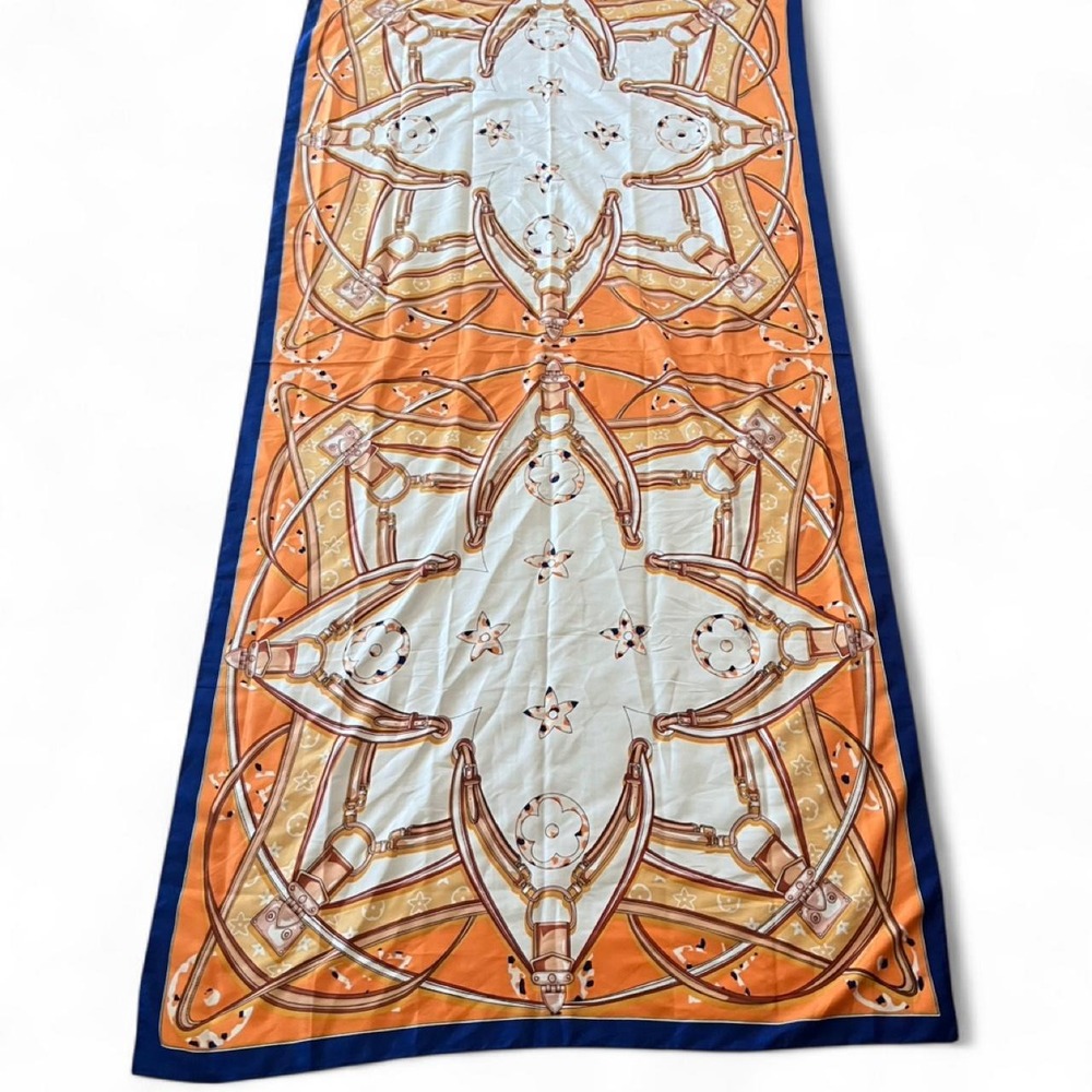 Les Petites Paris Silk Blend Scarf Orange Blue Equestrian Harness Print